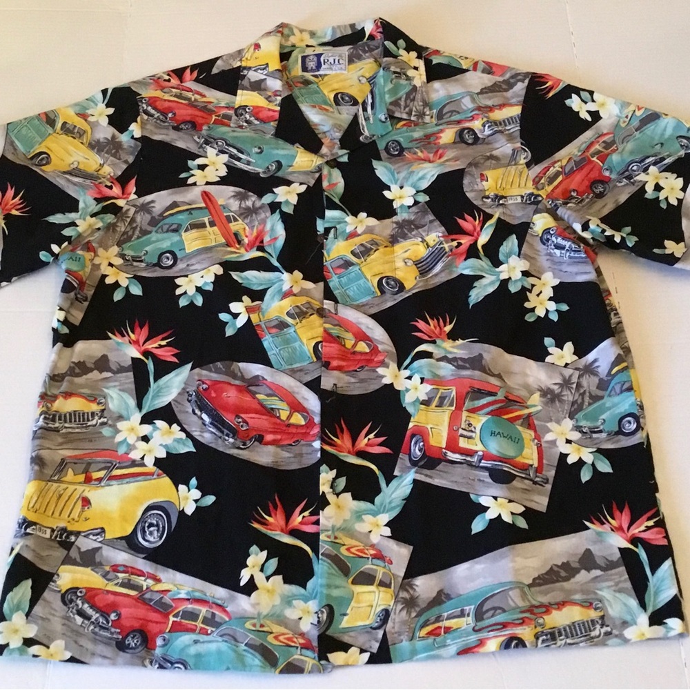 Men's Black Hawaiian Car-Print Short Sleeve Button-Down Shirt - Picture 2 of 13